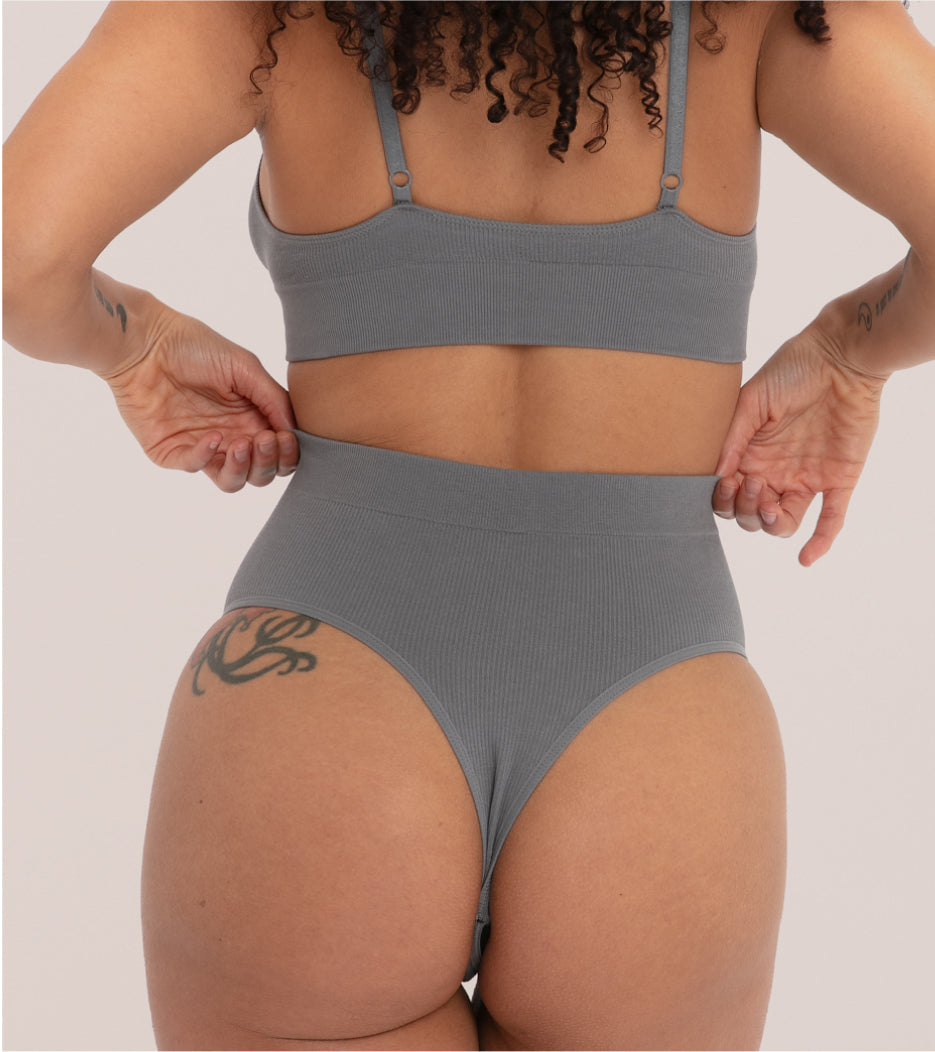 Seamless Ribbed High-Waist Thong - Graphite